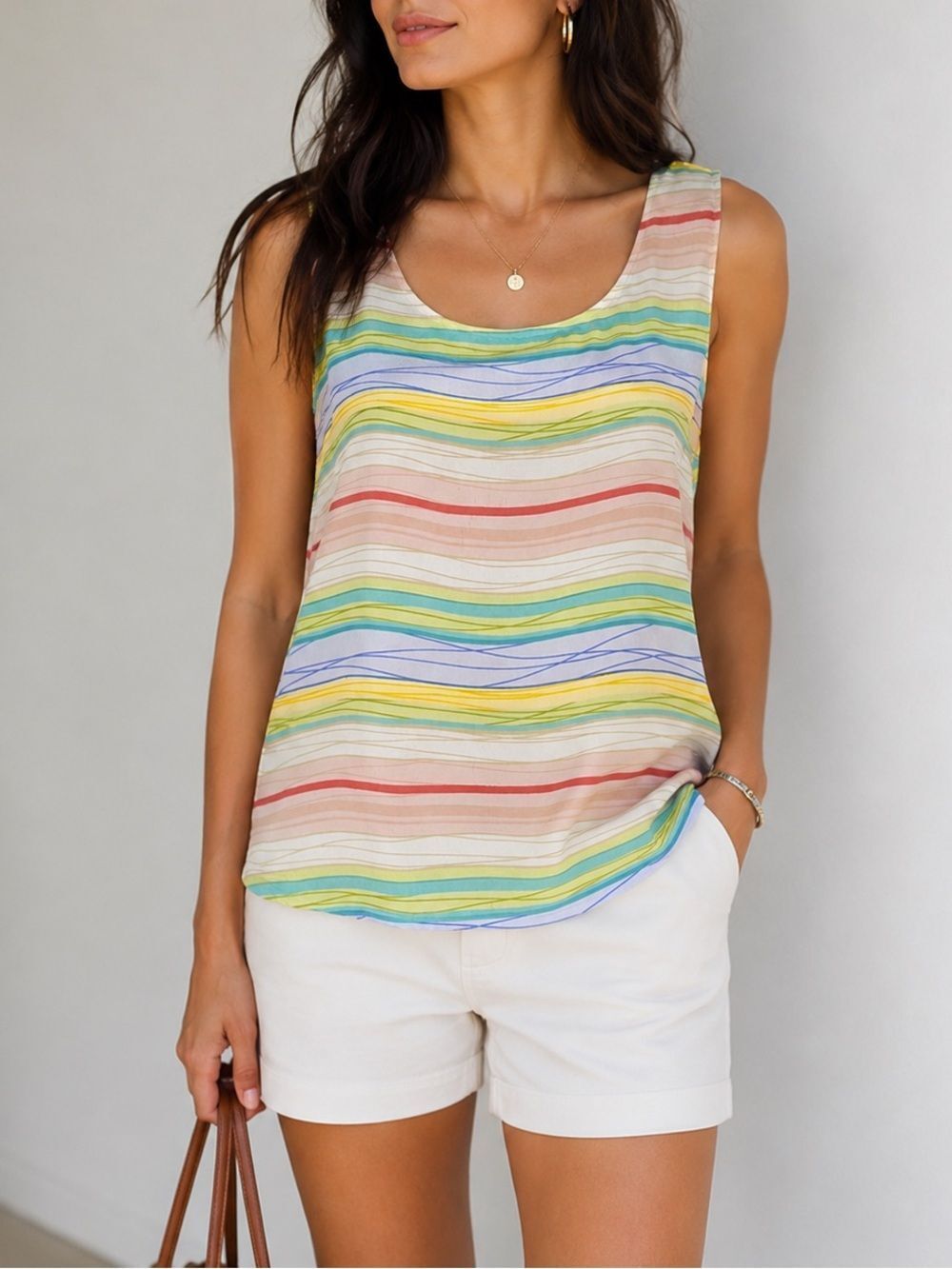 Italmode Collection Silk Colorful Striped Scoop Neck‎ Tank Top Size M